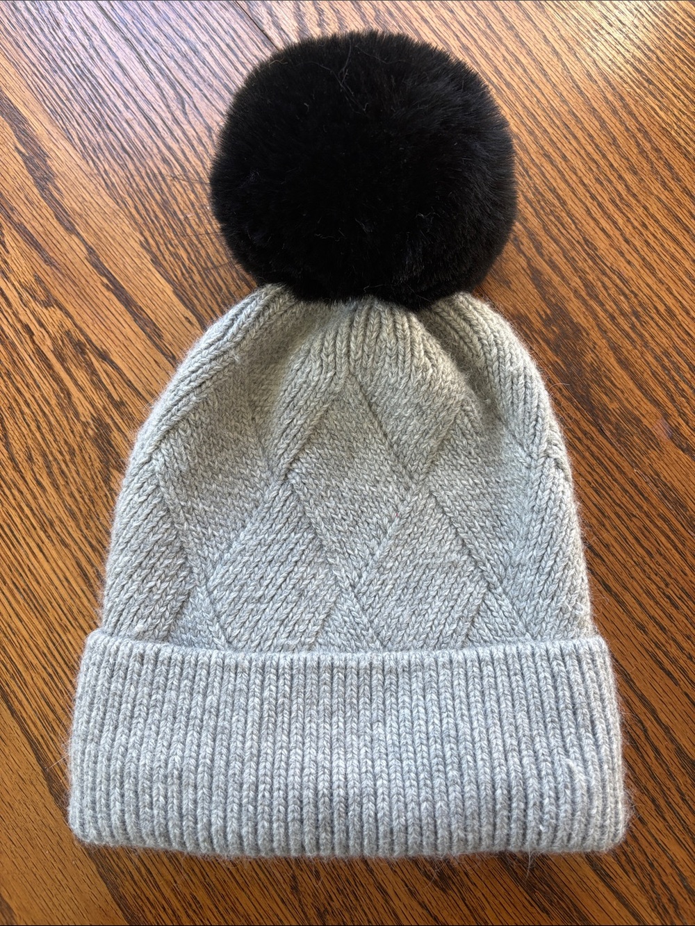 Anthropologie wool Cozy Gray Knit Pom Beanie with Black Faux Fur Pom